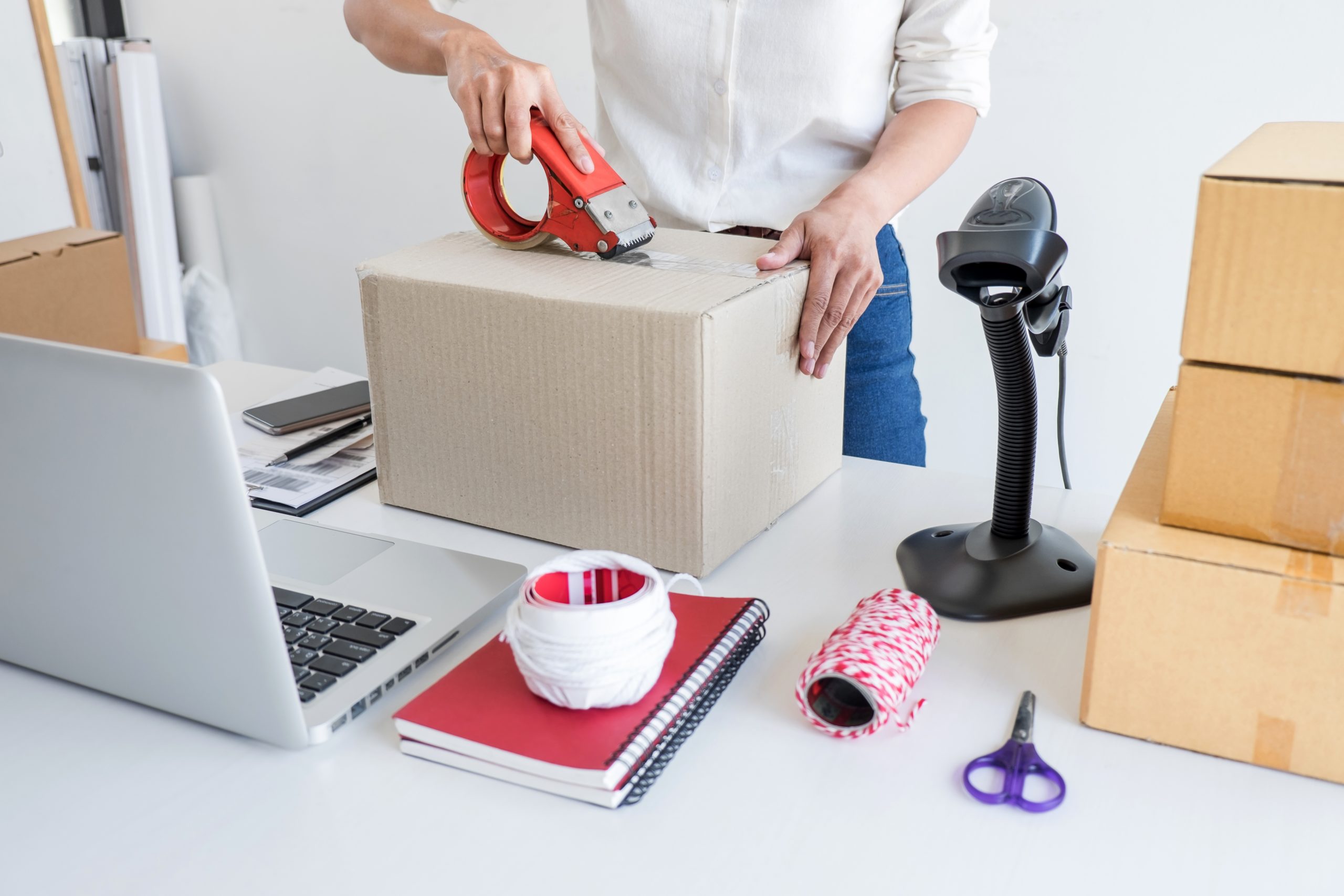 Small business owner delivery service and working packing box, b
